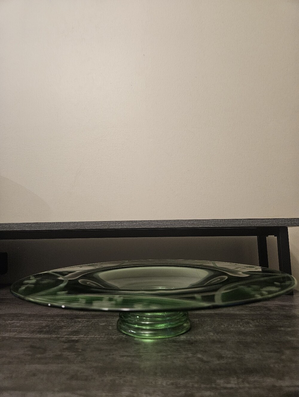 VTG Green Glass Pedestal Cake Stand/ Centerpiece Bowl Art Deco- Etched Floral
